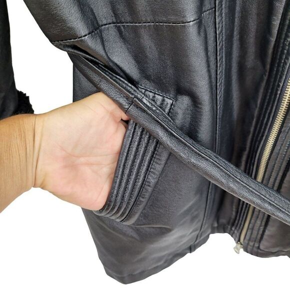 Vintage 80s Wilsons Leather Bomber Flight Jacket L Black Sherpa Trim Belted Zip - Picture 8 of 16